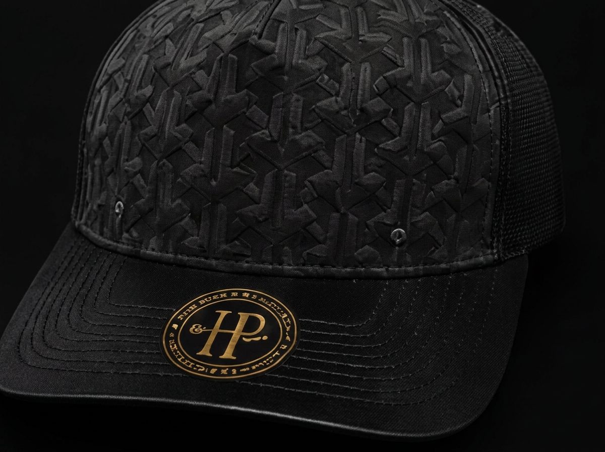 Gorra Premium Black Texture de Heenrri Caps con placa metálica grabada